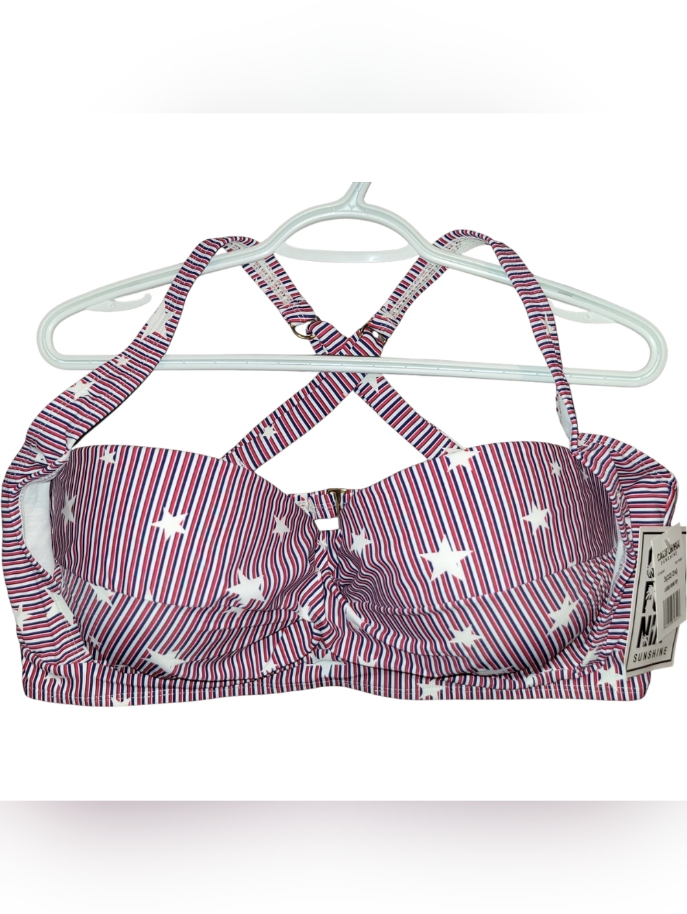 NWT California Sunshine Bikini Top Red White & Blue Stars Wire Cup Size 22/24